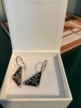 Prada Black Triangle Logo Hoop Earrings with Silver Tone